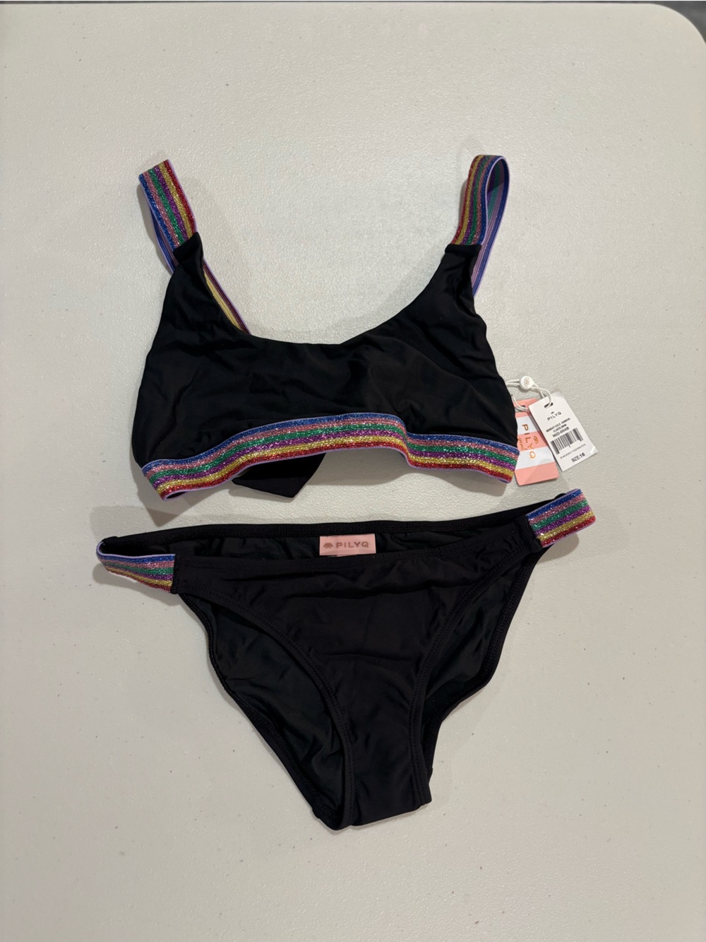 Pilyq Black Girls Two-Piece Swim Set with Rainbow Trim